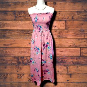 Strapless Pink Floral Maxi Dress with Pockets!